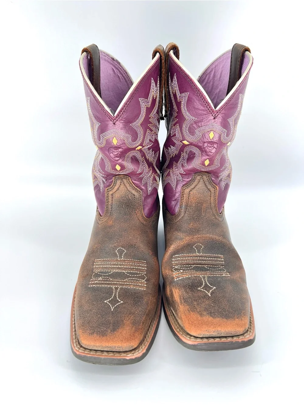 ARIAT GIRLS' TOMBSTONE WESTERN BOOTS BROAD SQUARE TOE Sz 5 Purple Brown Cowgirl